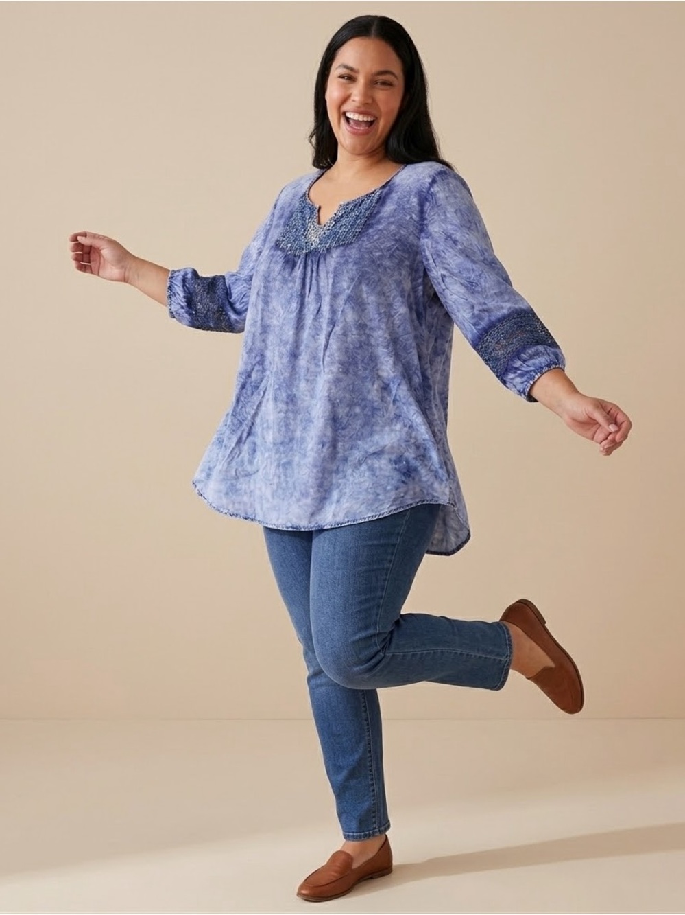 Live and Let Live Blue Mineral Wash Crochet Trim V-Neck Top Size 3x